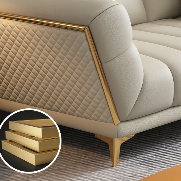 Solid Wood Glam Genuine Leather Flared Arm Sofa with Pillows