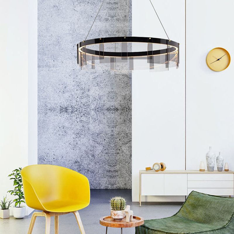 Luz de colgante circular de metal ligero de lámpara LED de lámpara LED moderno con sombra de vidrio