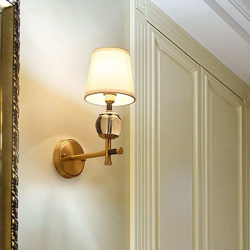 Gold Conical Wall Mounted Light Traditional White Fabric 1/2 Heads Entry Wall Sconce with Crystal Ball