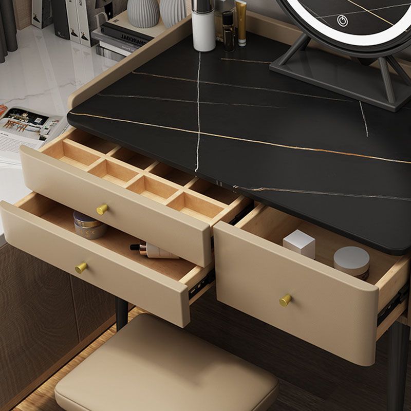 Luxurious Stone Top Vanity Genuine Leather Vanity Set with Stool