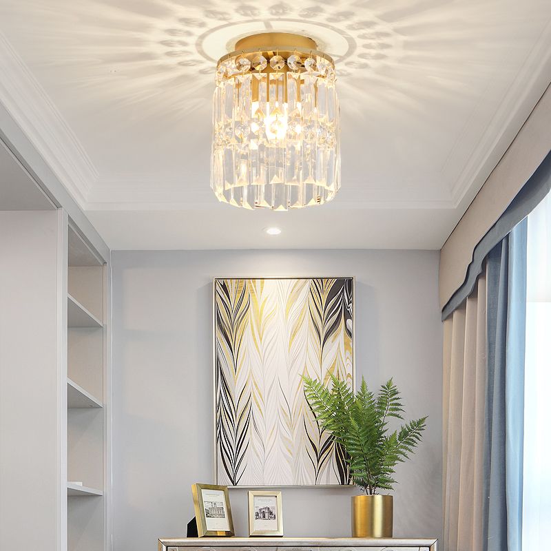 1-Light Corridor Mini Flush Lamp Simple Black/Gold Cylinder Crystal Ceiling Flush Mount