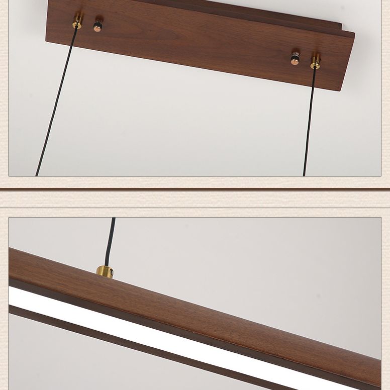 Minimalistic Linear Island Lighting Walnut Wood Tea Room LED Hanging Light in Dark Brown