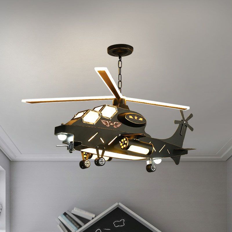 Black Helicopter LED Ceiling Lighting Childrens Metallic Chandelier Light Fixture for Bedroom