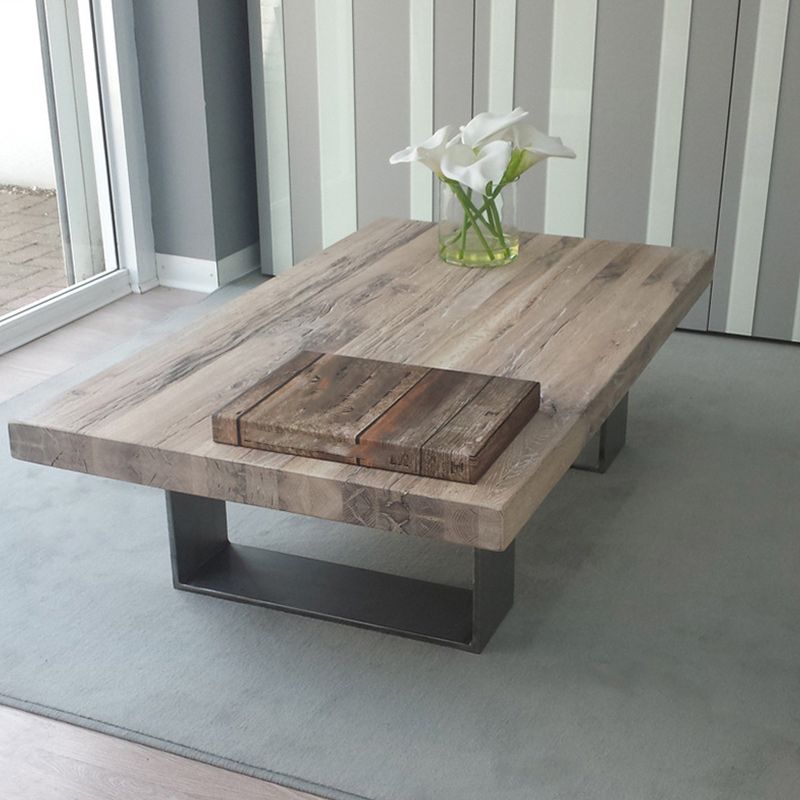 Scandinavian Solid Wood Coffee Table with Distressed Top and Sled Base