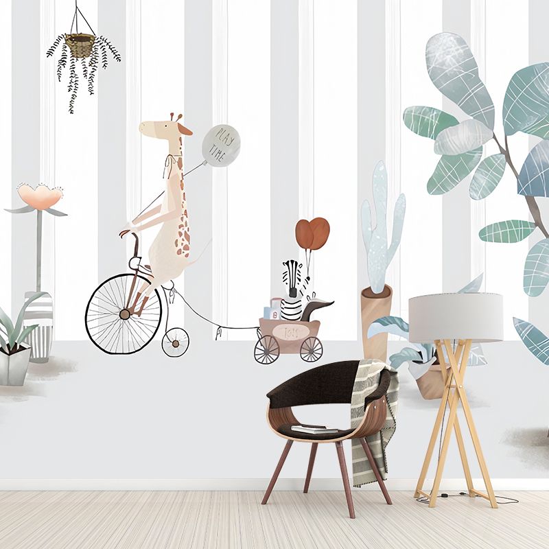 Cute Cactus Mural Wallpaper for Children's Bedroom, Green and Grey, Personalized Size Available