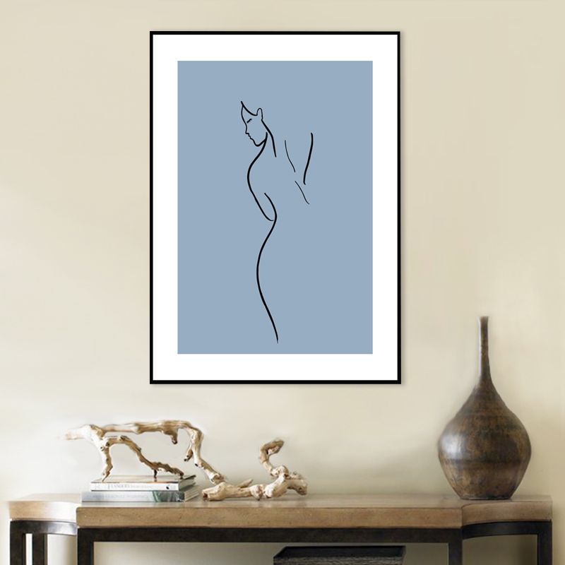 Simple Back of Woman Canvas Print Blue-Black Line Drawing Wall Art for Bedroom