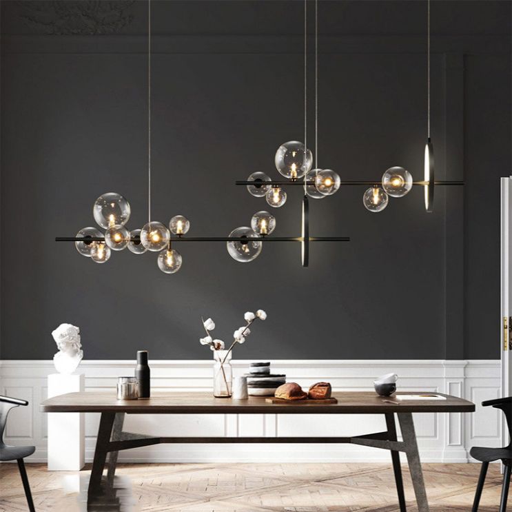 Modern Minimalism Black Linear Island Pendant Lighting Sphere Glass Island Ceiling Light for Living Room