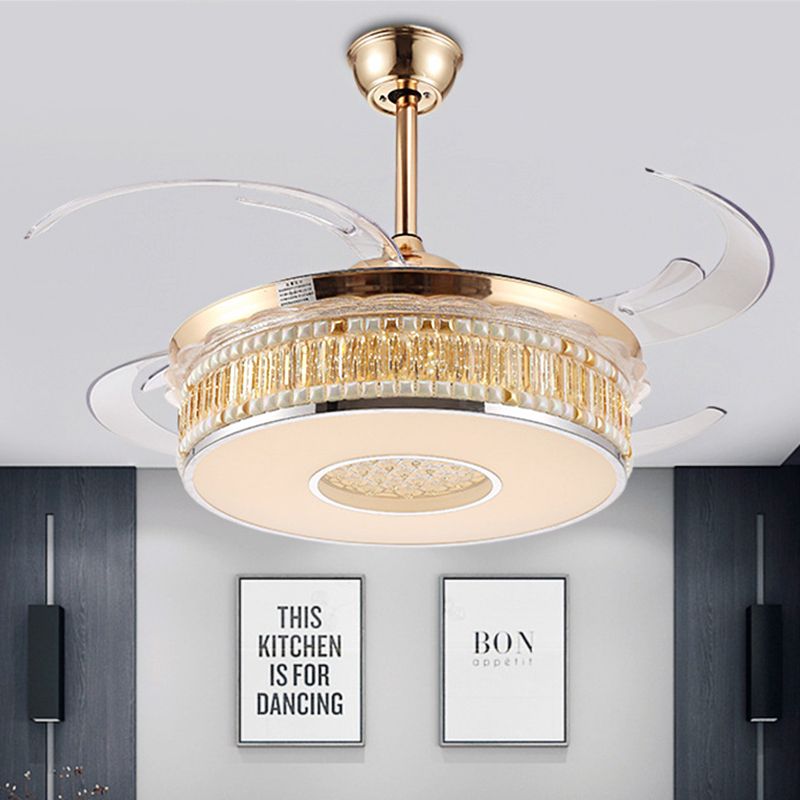 Concave Carved Semi Flush Light Contemporary Gold Finish LED Crystal Block Ceiling Light with Fan
