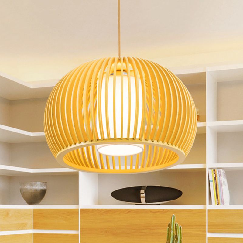 1 Kopf offenen Küchenhängung Licht Asien Beige Anhängerlampe mit Kuppelholzkäfig, 14/18 Zoll breit