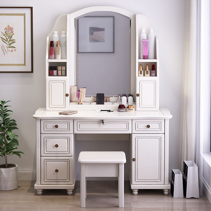 Traditional Solid Wood Makeup Dressing Table 60.23" H Vanity Set with Stool and Mirror