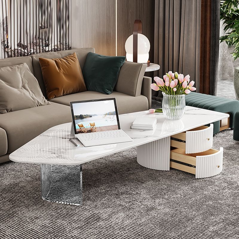 Modern Free Form Slate Cocktail Table 2 Drawers Coffee Table in White