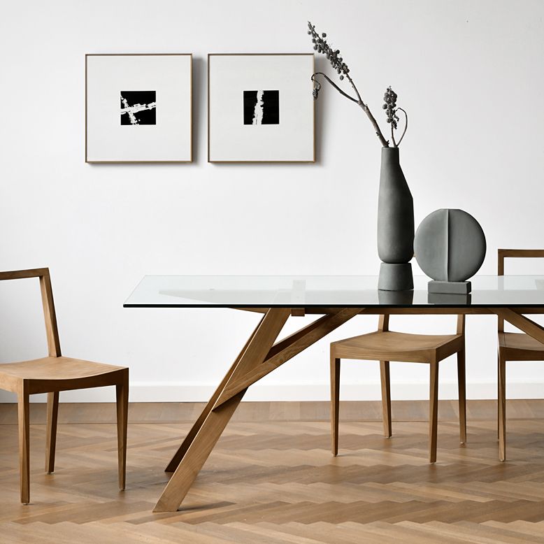 Glass Top Dining Table Modern Dining Table with Solid Wood Base