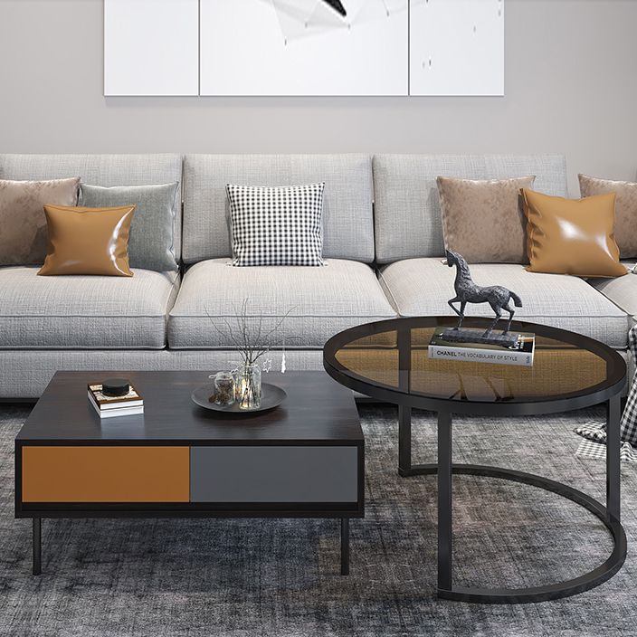 Modern 4 Legs Cocktail Table with 4 Drawers Glass & Wood 2 Nesting Coffee Table Set