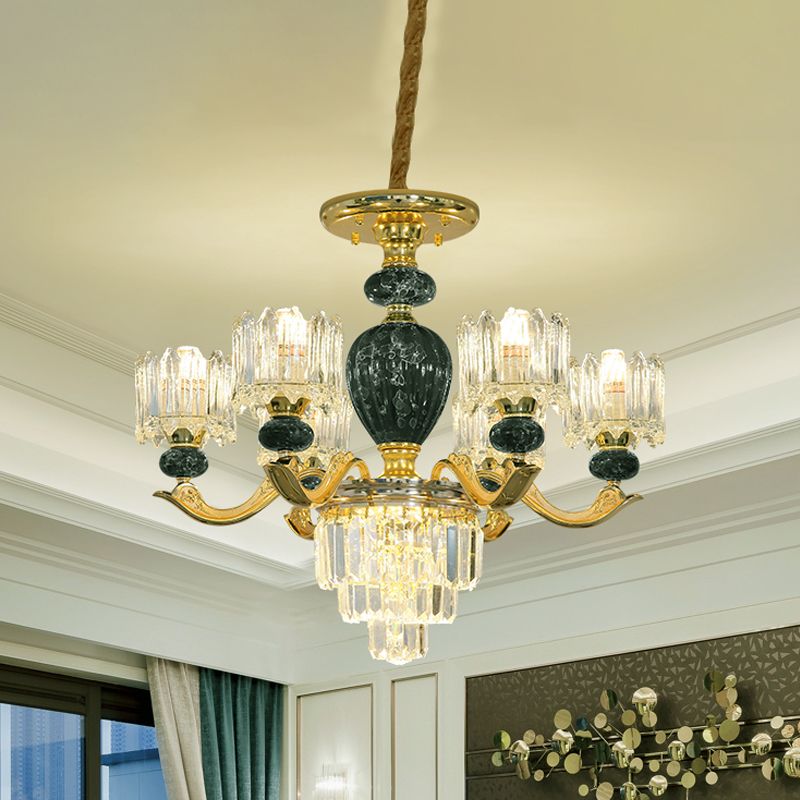 Traditional Urn Hanging Chandelier 6 Bulbs Crystal Hanging Ceiling Lamp in Red/Green with Drum Shade