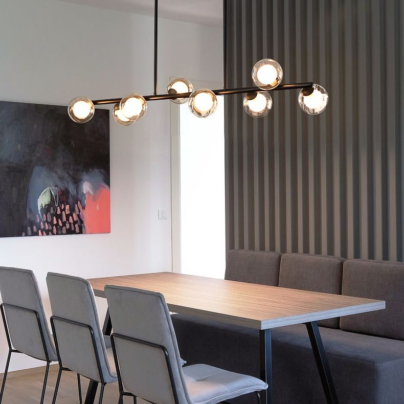 Modern Metal Ceiling Light Linear Shape Island Light with Glass Shade in Black and Gold