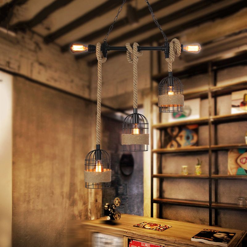 Cage Shape Pendant Lighting Modern Style Metal 1/3/5 Lights Hanging Lamp in Brown