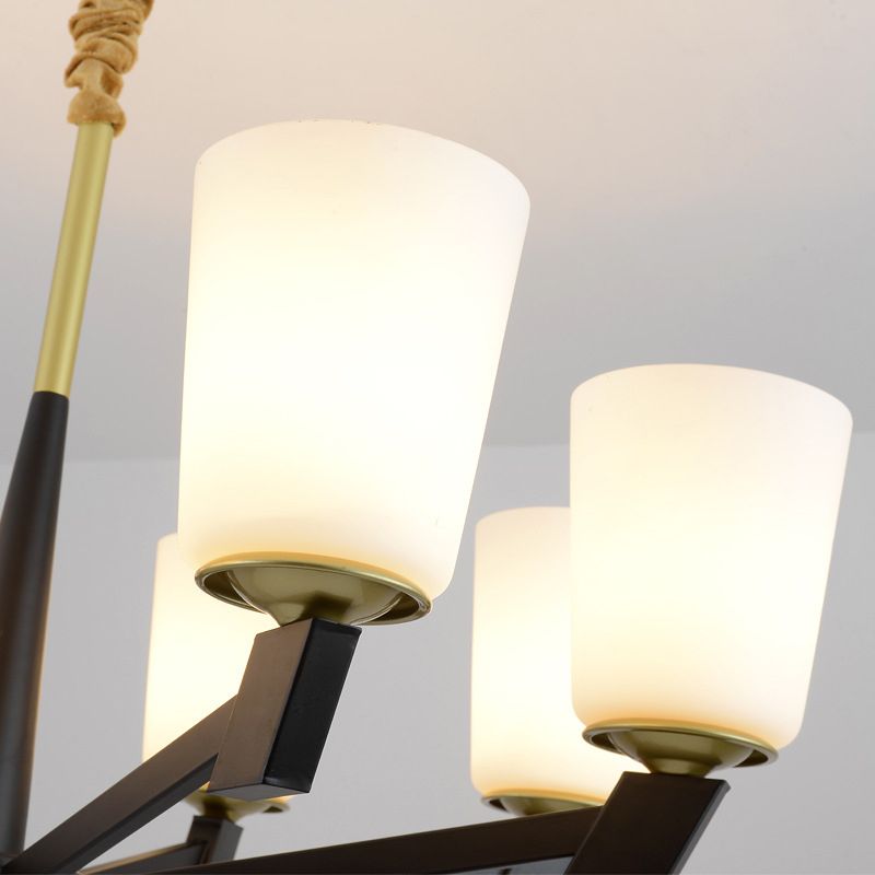 Cone Frosted Glass Light Chandelier Traditional 6/8/12 Lights Living Room Pendant Lighting in Black