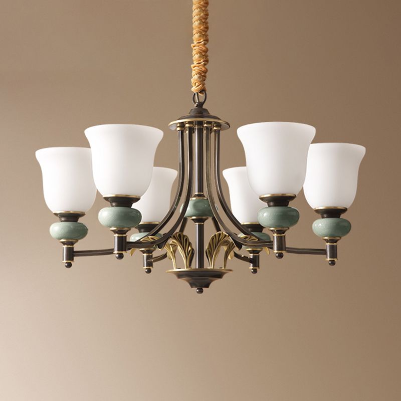 Carillon Wohnzimmer Kronleuchter Vintage White Glass 6-Light Black Anhänger Licht mit Keramikdekoration