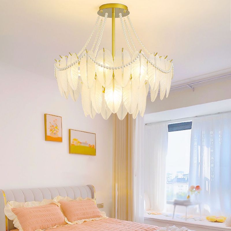 Modern Metal Ceiling Light Feather Shape Hanging Light with Glass Shade for Living Room