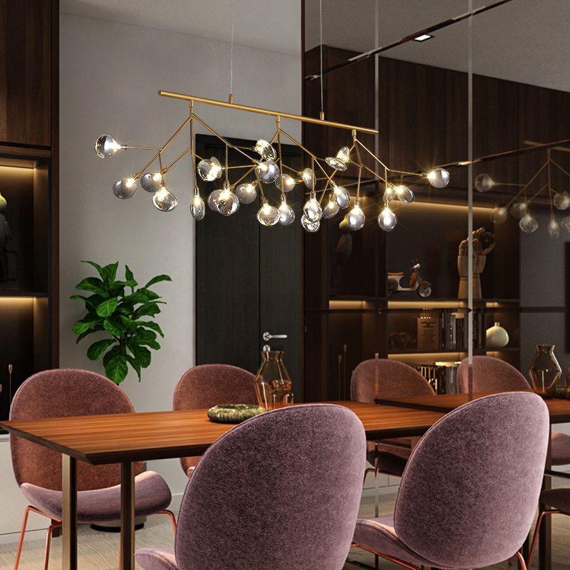 Minimalist 27-Bulb Island Light Brass Finish Branch Hanging Lamp with Glass Shade