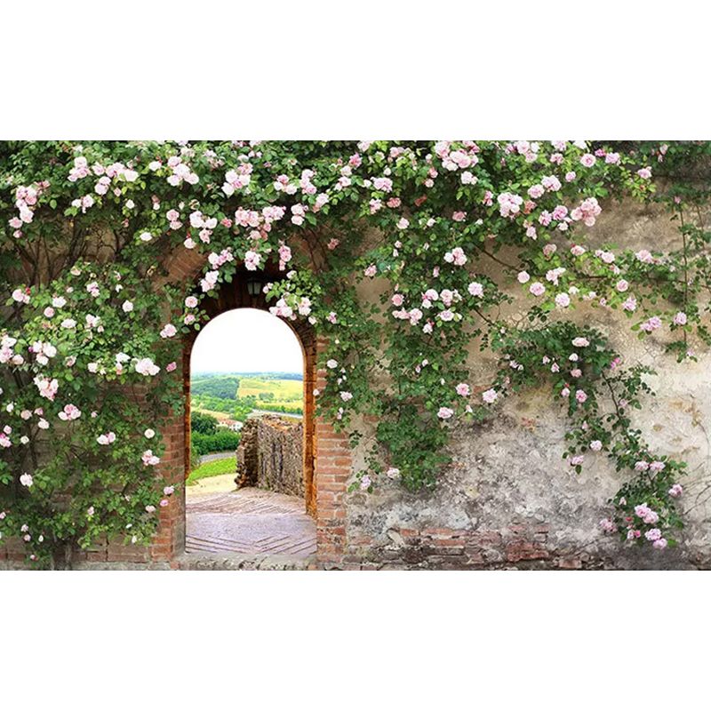 Full Castle and Pavement Mural in Green and Grey Non-Woven Wall Covering for Home Decor, Made to Measure