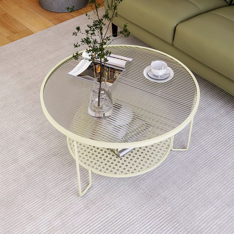 Modern Round Glass Top Coffee Table with 3 Iron Legs and Shelf