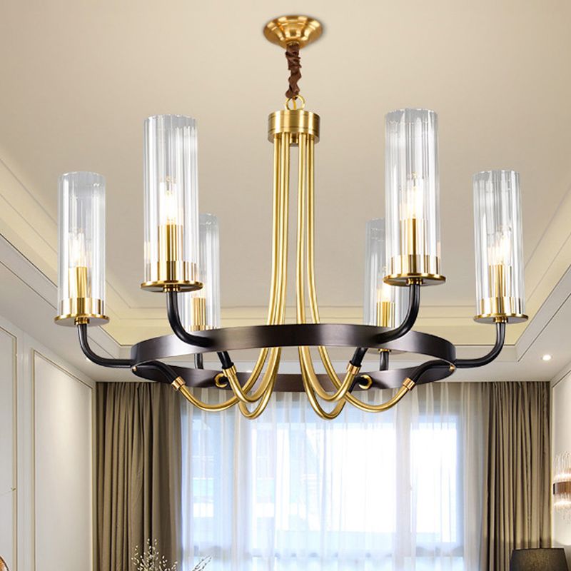 6/8 cabezas de lámpara de araña de interior de la casa de campo de la luz del colgante de la luz negra/dorada lámpara colgante con tono de vidrio transparente de cilindro