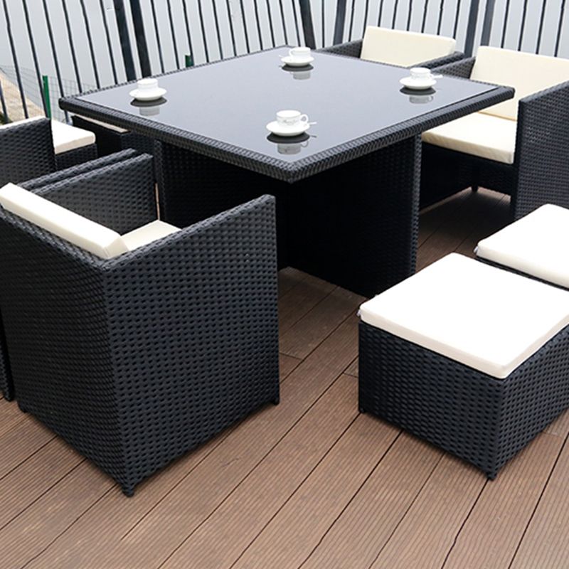 Rattan Dining Table Set with Black Tempered Glass Table for Courtyard