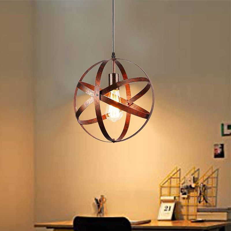 Retro Industrial Single Globe Cage Pendant Light Iron 1 Light Suspension Light for Dining Table