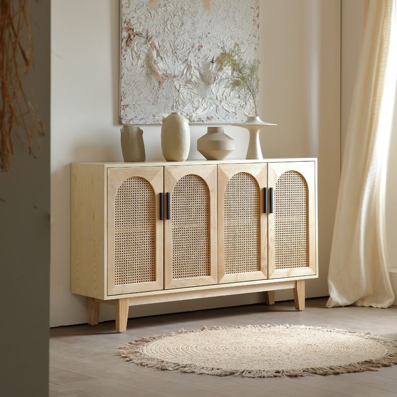 Wicker Rattan Accent Cabinet Solid Wood Storage Cabinet with Doors