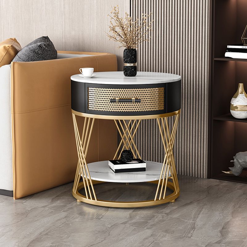 Drawer Side Accent Table Stone Top Metal Frame End Table with Shelf
