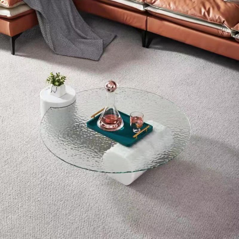 9.8"H Modern Marble Abstract Base Glass Round Coffee Table for Living Room
