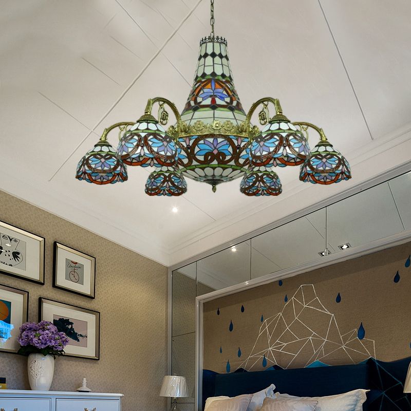 Curved Arm Ceiling Chandelier 11 Lights Stained Glass Mediterranean Hanging Ceiling Light in Pink and Blue/Purplish Blue