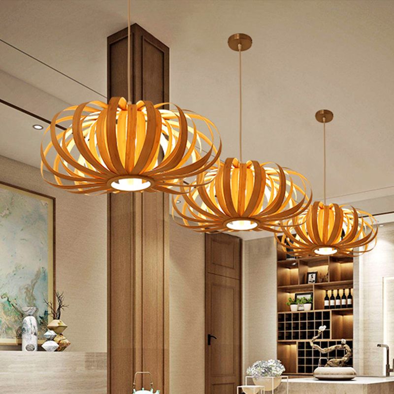 Beige Pumpkin Hanging Light Chinese 1 Head Wood Pendant Lighting Fixture for Restaurant