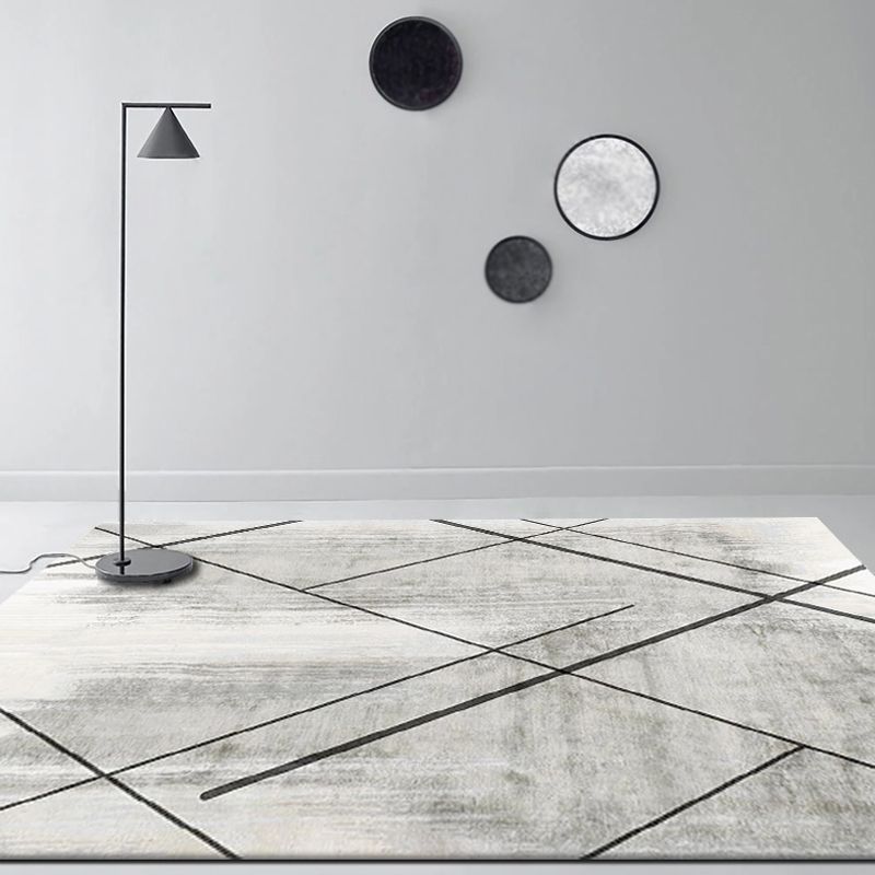 Grey Living Room Rug Modernism Geometric Pattern Rug Polyester Washable Anti-Slip Backing Pet Friendly Carpet