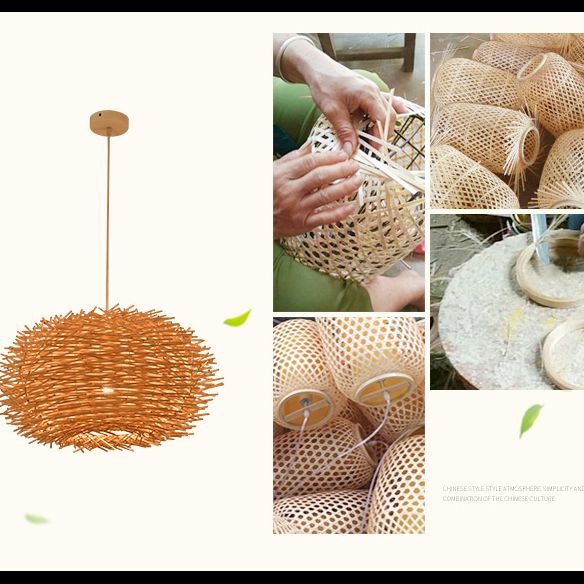 Bird's Nest Shaped Creative Hanging Light Asian Style Simplicity Bamboo Weaving Lighting Fixture with 39.3" Suspended Wire