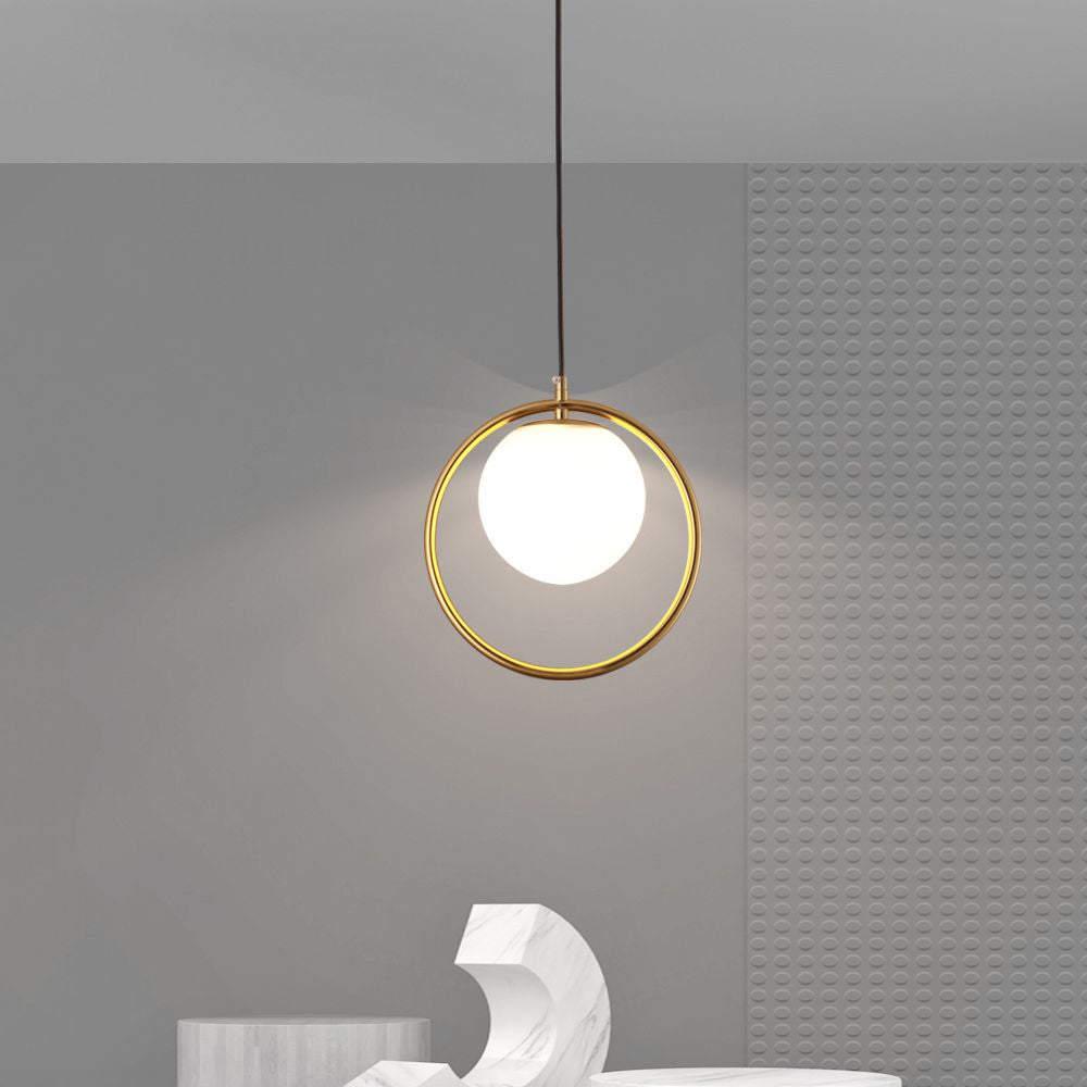 Nordic Minimalism Golden Ring Hanging Light with White Glass Ball Shade Mini Pendant Fixtures for Bedside