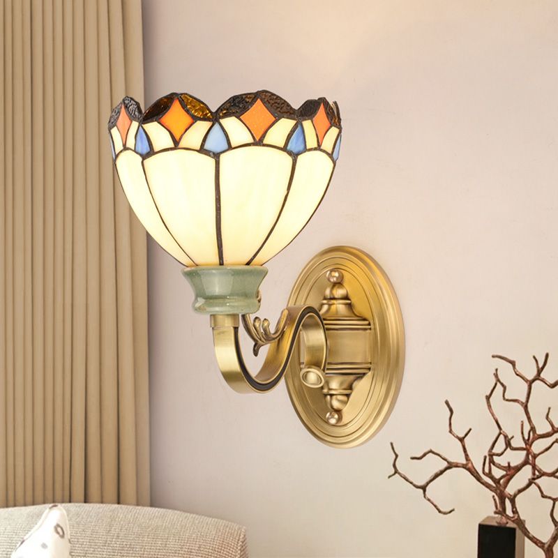 1 Light Wall Mounted Lamp Tiffany Style Cone/Bowl/Flower Cut Glass Sconce Light in Beige/Yellow/Orange for Bedroom