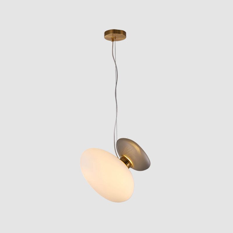 2 Bulbs Dining Room Pendant Light Post-Modern Brass Suspension Lighting with Pebble Light-Blue/Cream Glass Shade