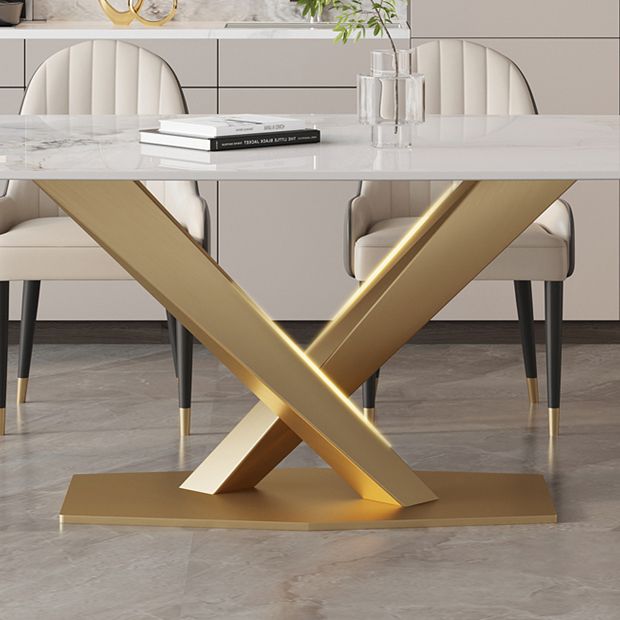Modern White Rectangular Stone Dining Table with Metal Pedestal Base