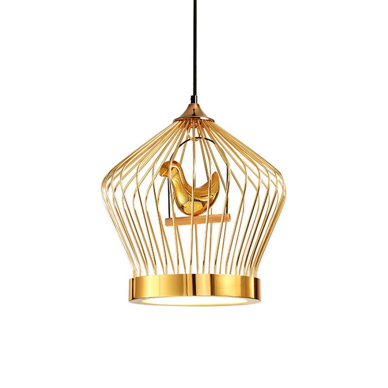 Gold Crown Cage Hanging Lighting Simple 1-Light Metal Ceiling Pendant Lamp with Bird Deco