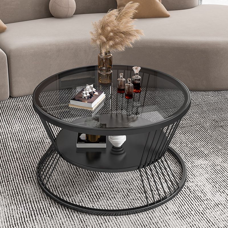 Modern 17.7" H Round Glass Coffee Table Iron Frame Cocktail Table