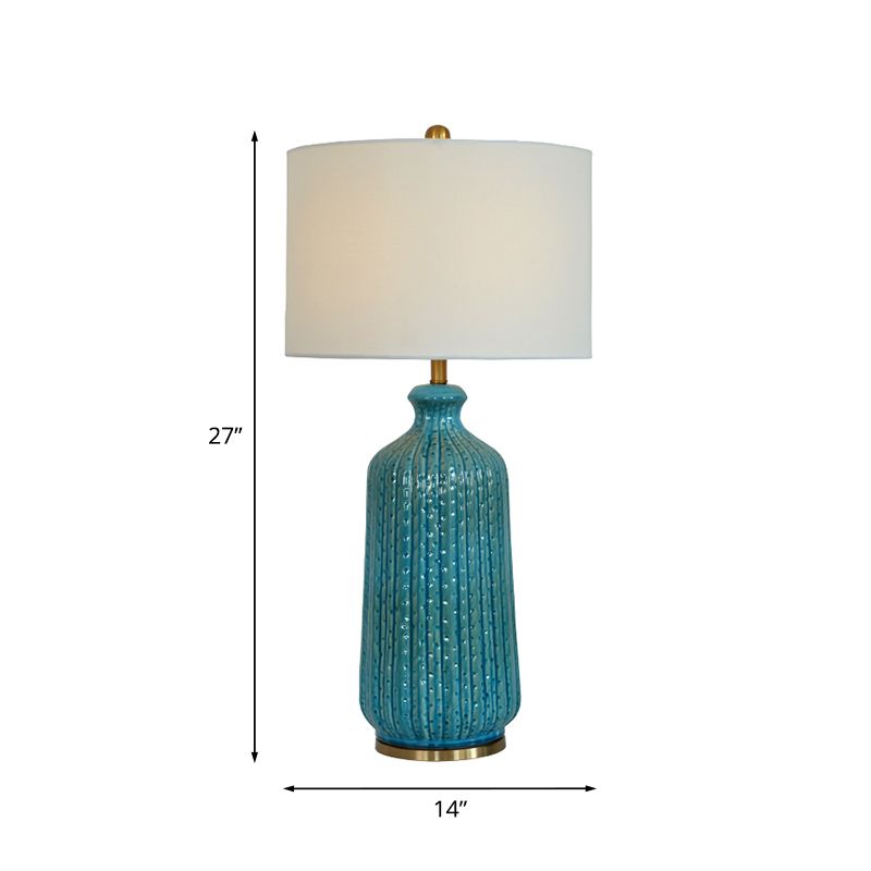 Classic Drum Night Table Lighting 1-Light Fabric Nightstand Light in White with Blue Pot Vase Base