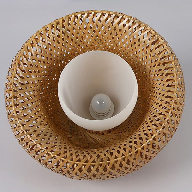 Double-Decker Bamboo Pendant Lights Milk White Glass Shade 1 Light Suspended Light for Restaurant Aisle