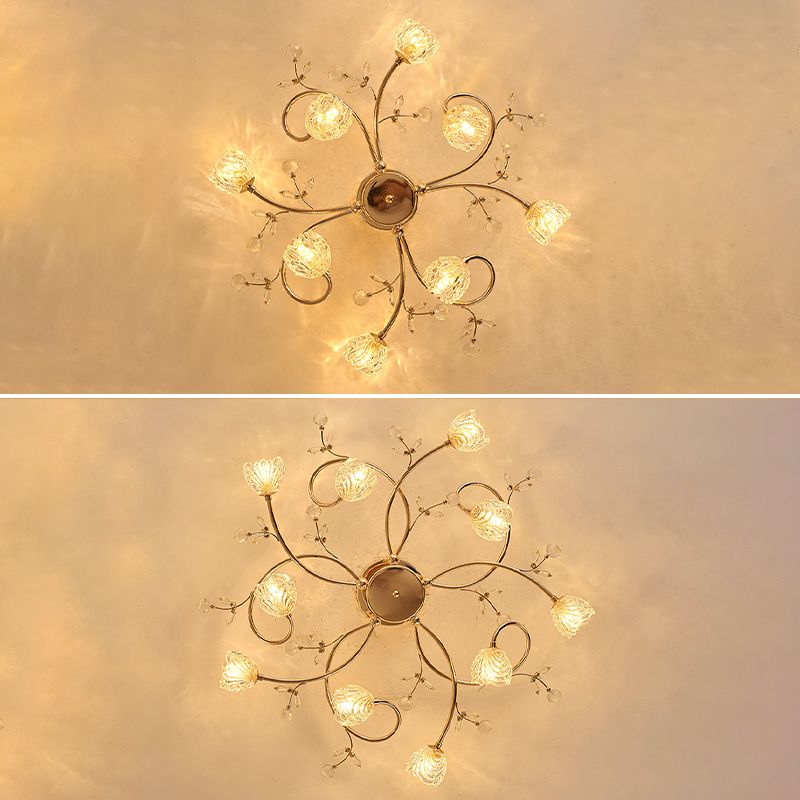 Lampe semi-affleurante en métal doré, éclairage de plafond traditionnel pour chambre à coucher avec abat-jour en verre fleuri