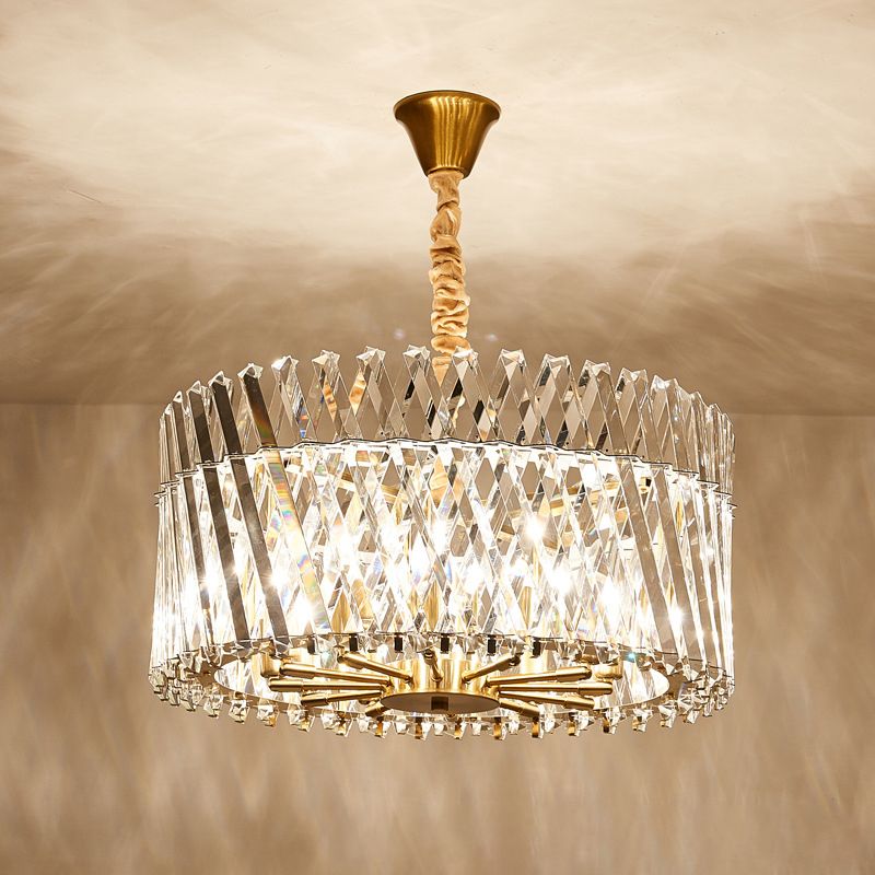 Tri-Sided Crystal Rod Drum Ceiling Light Contemporary 10 Heads Chandelier Light Fixture
