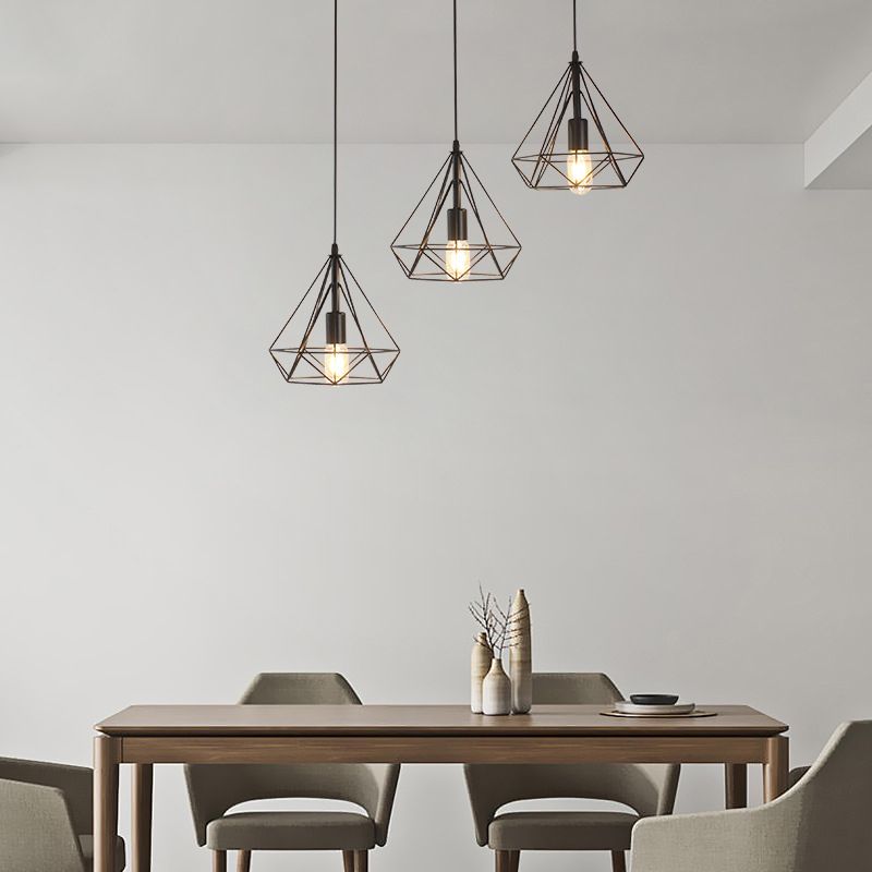 Diamond Iron Cluster Pendant Lighting Post-Modern Restaurant Hanging Lamp in Black