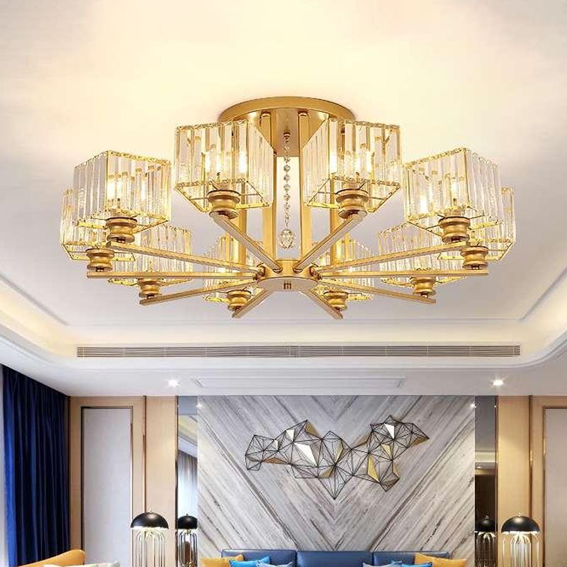 Lámpara empotrada rectangular de cristal prismático, lámpara de techo semiempotrable moderna para sala de estar con 4/6/8 luces, en negro/dorado