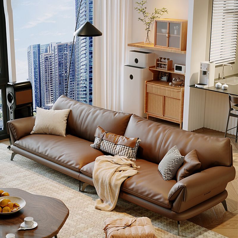 Brown Genuine Leather Sofa Loose Back Flared Arm Sofa with Pillows