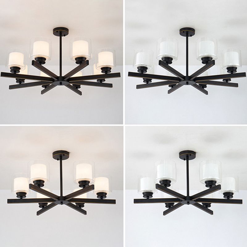 Nordic Style Metal Lighting Chandelier Cylindrical Double-layer Glass Shade Suspension Light for Dining Room